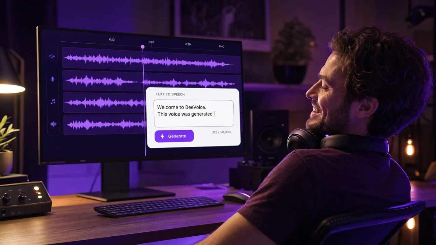 Creator smiling at his monitor while BeeVoice performs his script in the multitrack editor