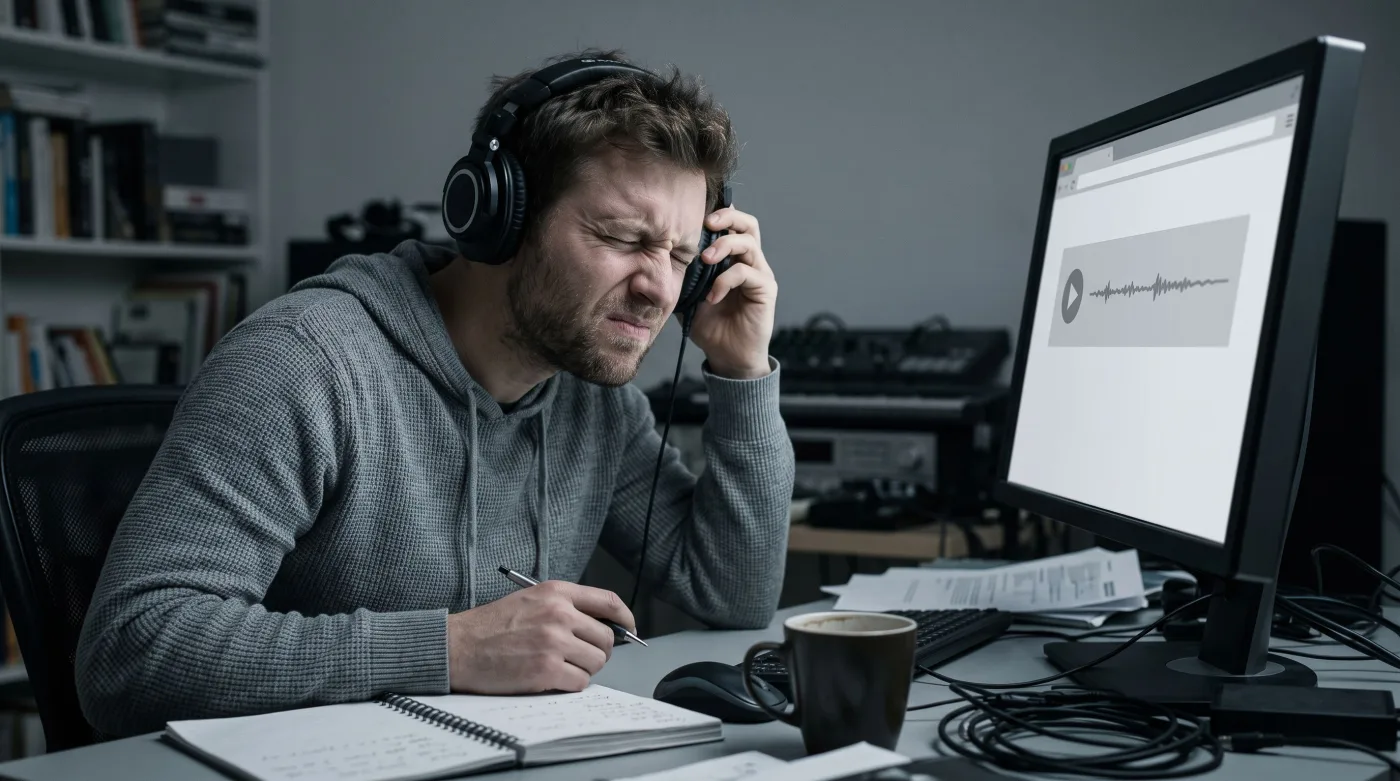Creator wincing and pulling off his headphones at a flat robotic text-to-speech voice